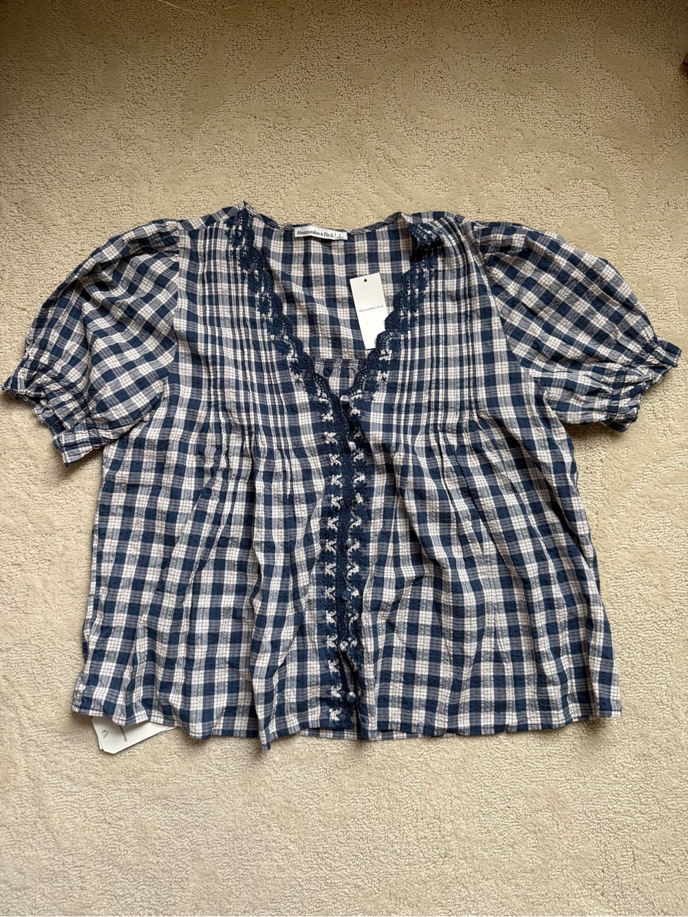 Abercrombie & Fitch Puff Sleeve Pintuck Blouse in Blue Check